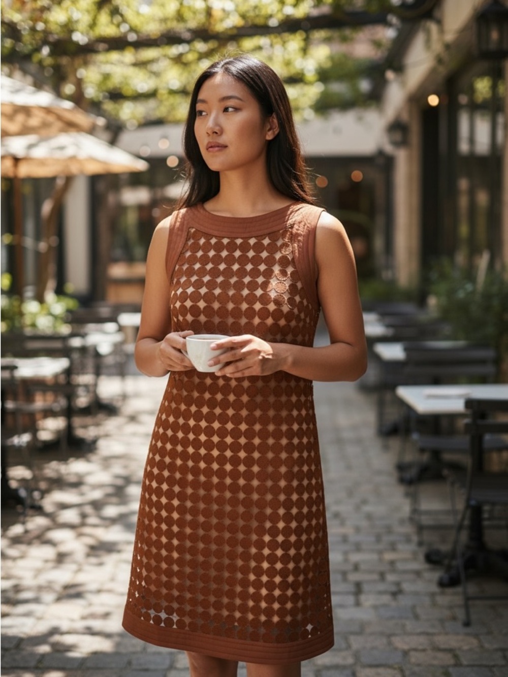 Trina Turk Beverly Sheath Dress Cinnamon Nude Textured Polka Dot Mesh size 8
